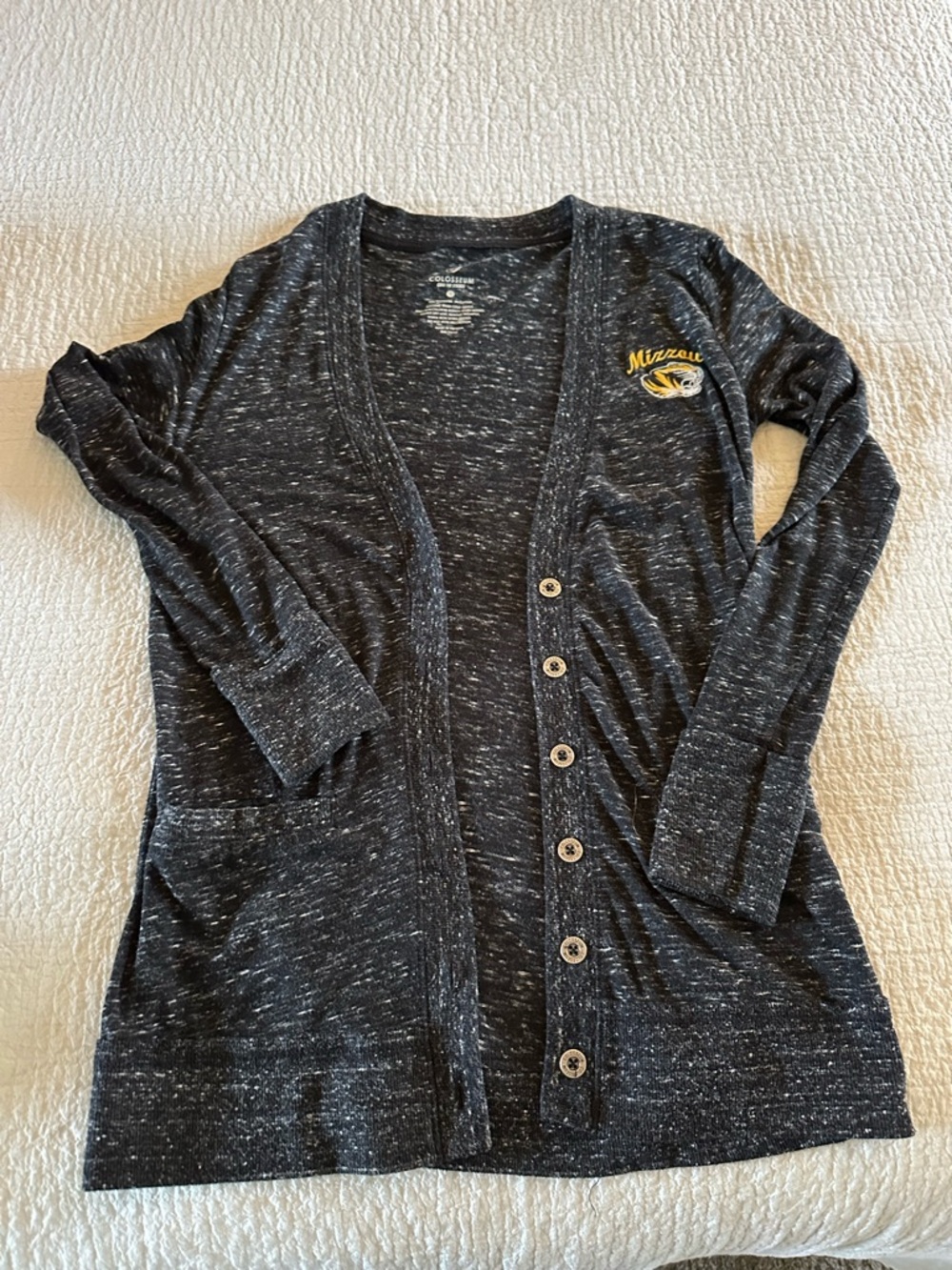 Mizzou Colosseum Black Speckled Button-Front Cardigan with Yellow Logo